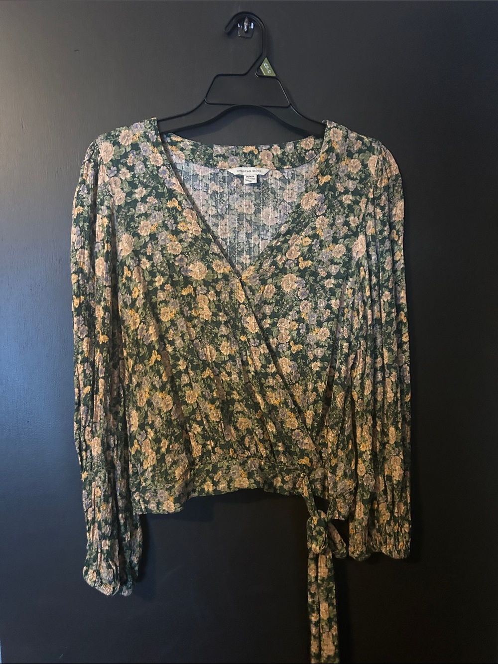 Floral Green Wrap Blouse with Tie Waist